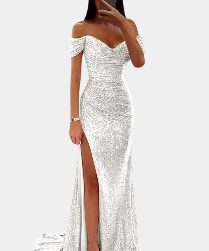 Естела - Рокля русалка с блестящи скъпоценни камъни, единична с отворени рамене