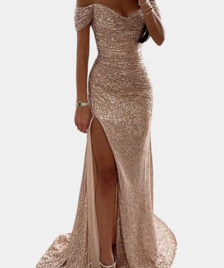 Естела - Рокля русалка с блестящи скъпоценни камъни, единична с отворени рамене