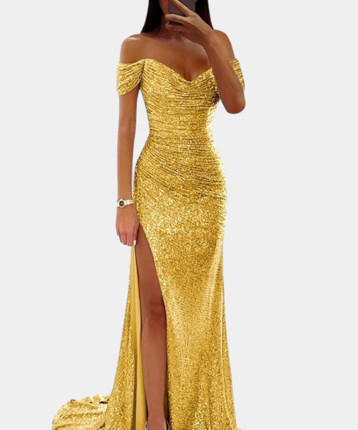 Естела - Рокля русалка с блестящи скъпоценни камъни, единична с отворени рамене