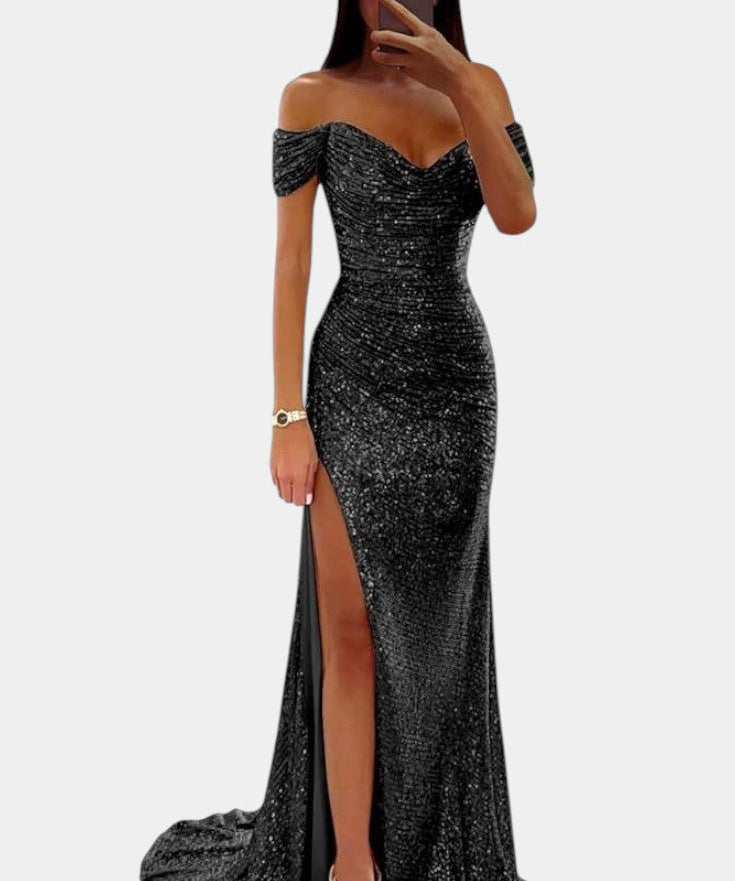 Естела - Рокля русалка с блестящи скъпоценни камъни, единична с отворени рамене