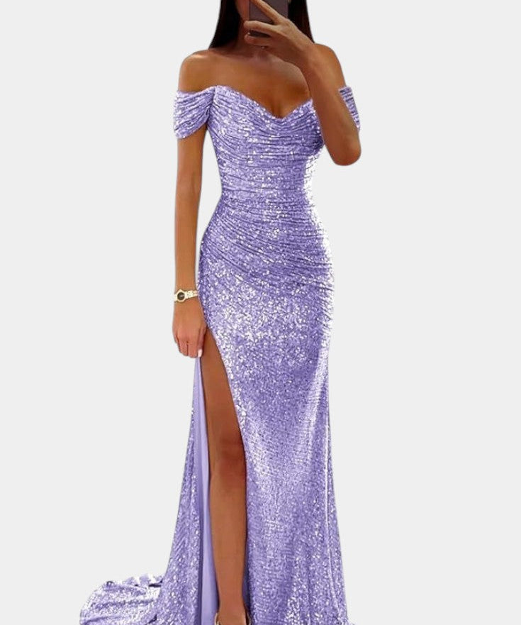 Естела - Рокля русалка с блестящи скъпоценни камъни, единична с отворени рамене