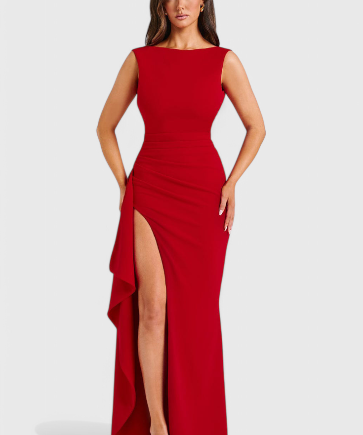 Marion - Кадифена рокля с отворен гръб и голям отвор