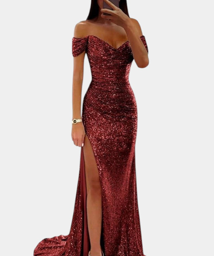 Естела - Рокля русалка с блестящи скъпоценни камъни, единична с отворени рамене