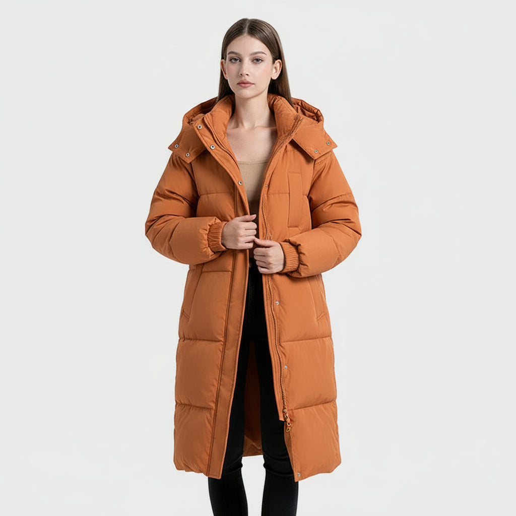 Олимпия - Класическо дълго пухено палто с качулка