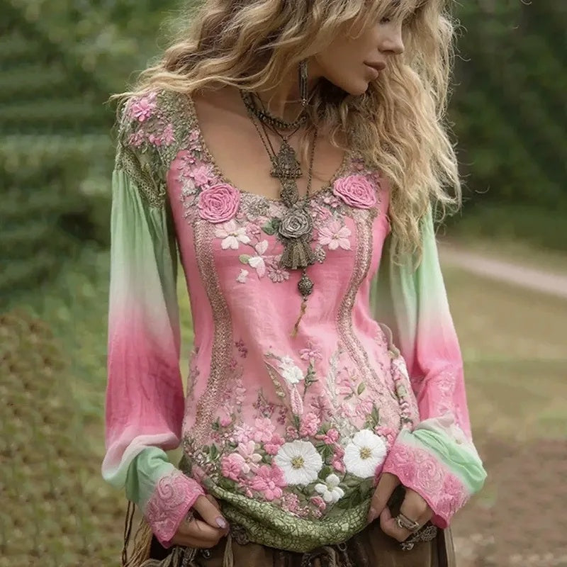 Златмир - Дамска ежедневна блуза с принт и кръгла яка