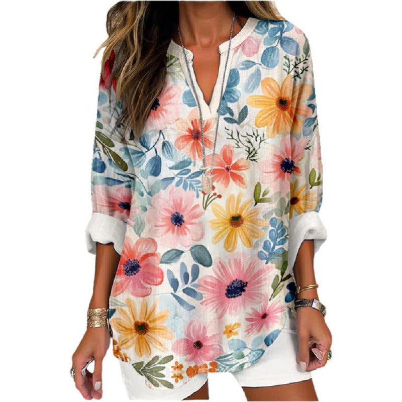 Златели - Дигитална Блуза с Обло Деколте и Дълъг Ръкав