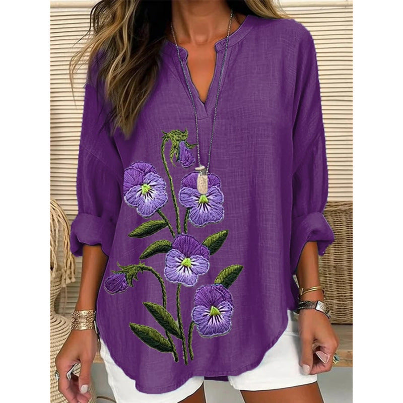 Златели - Дигитална Блуза с Обло Деколте и Дълъг Ръкав